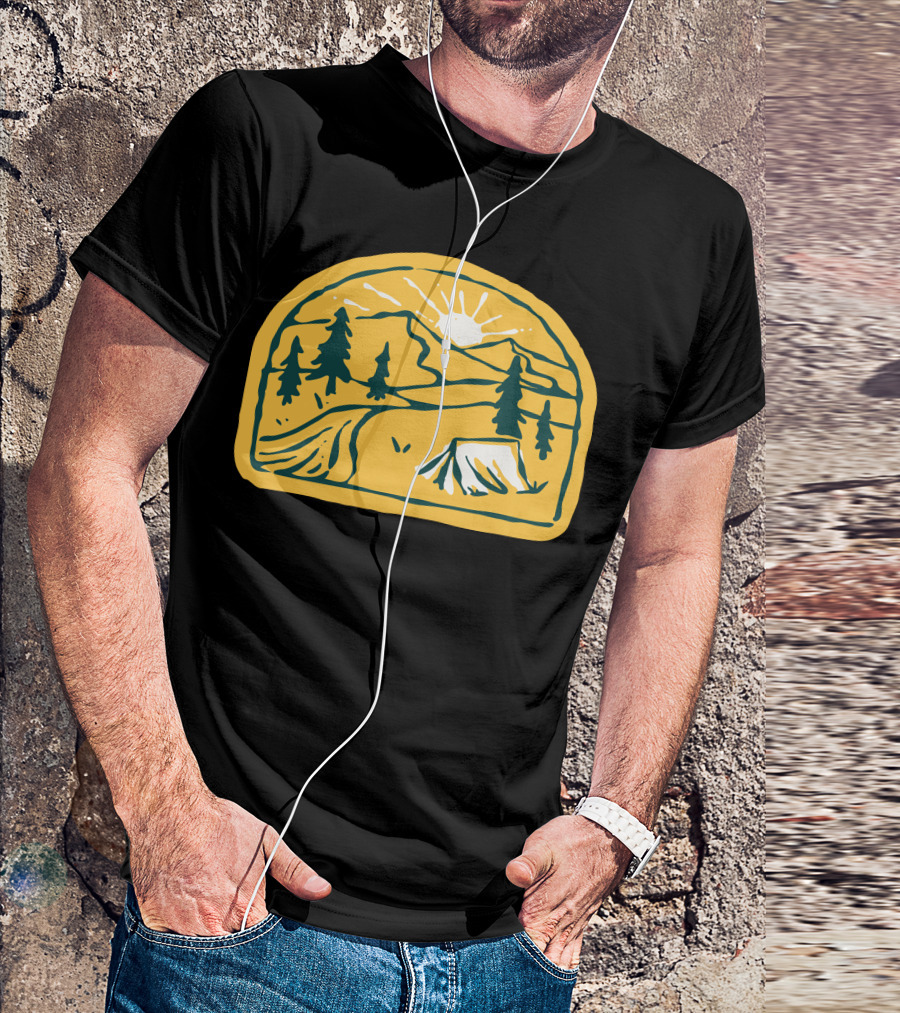 Camp River Hand Drawn Tent Mountain Sunset Pines T-Shirt