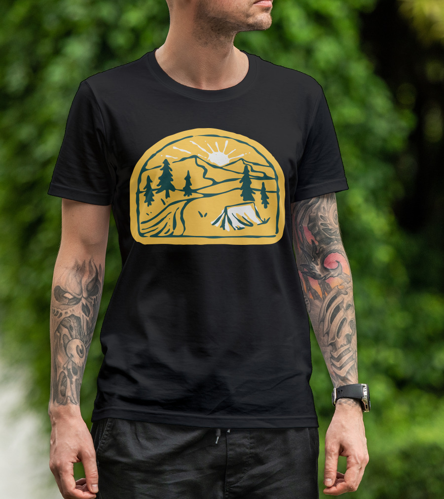 Camp River Hand Drawn Tent Mountain Sunset Pines T-Shirt