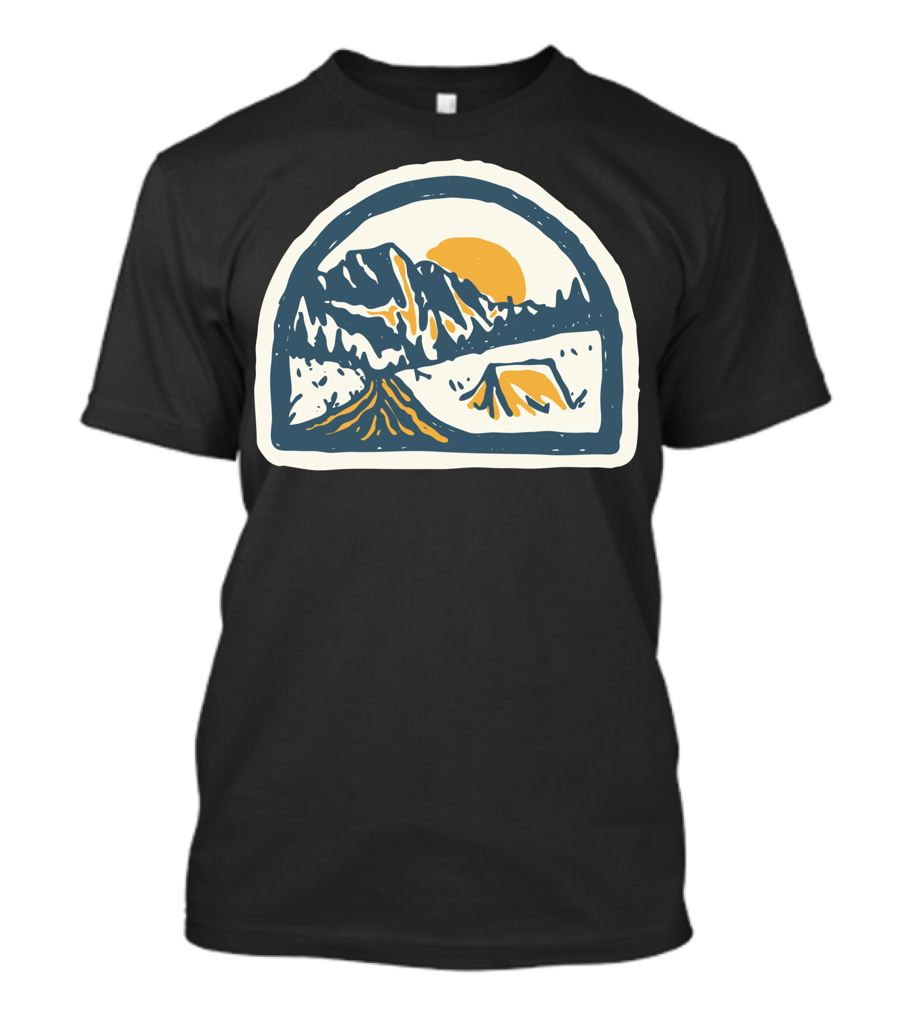 Camping Mountains And Tent Hand Drawn Sun Setting Scene T-Shirt
