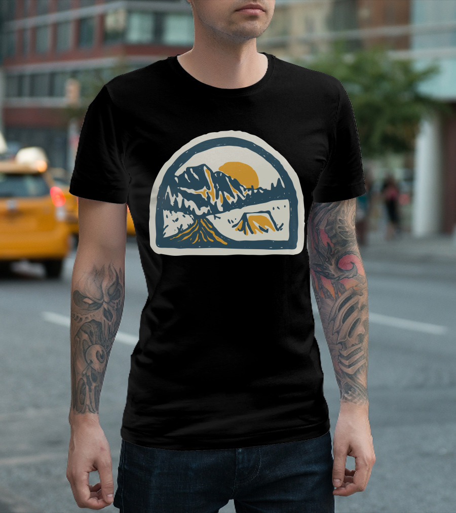 Camping Mountains And Tent Hand Drawn Sun Setting Scene T-Shirt
