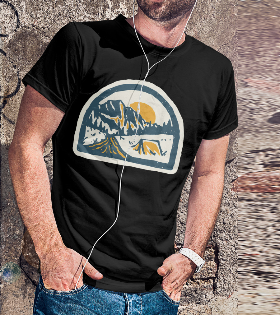 Camping Mountains And Tent Hand Drawn Sun Setting Scene T-Shirt