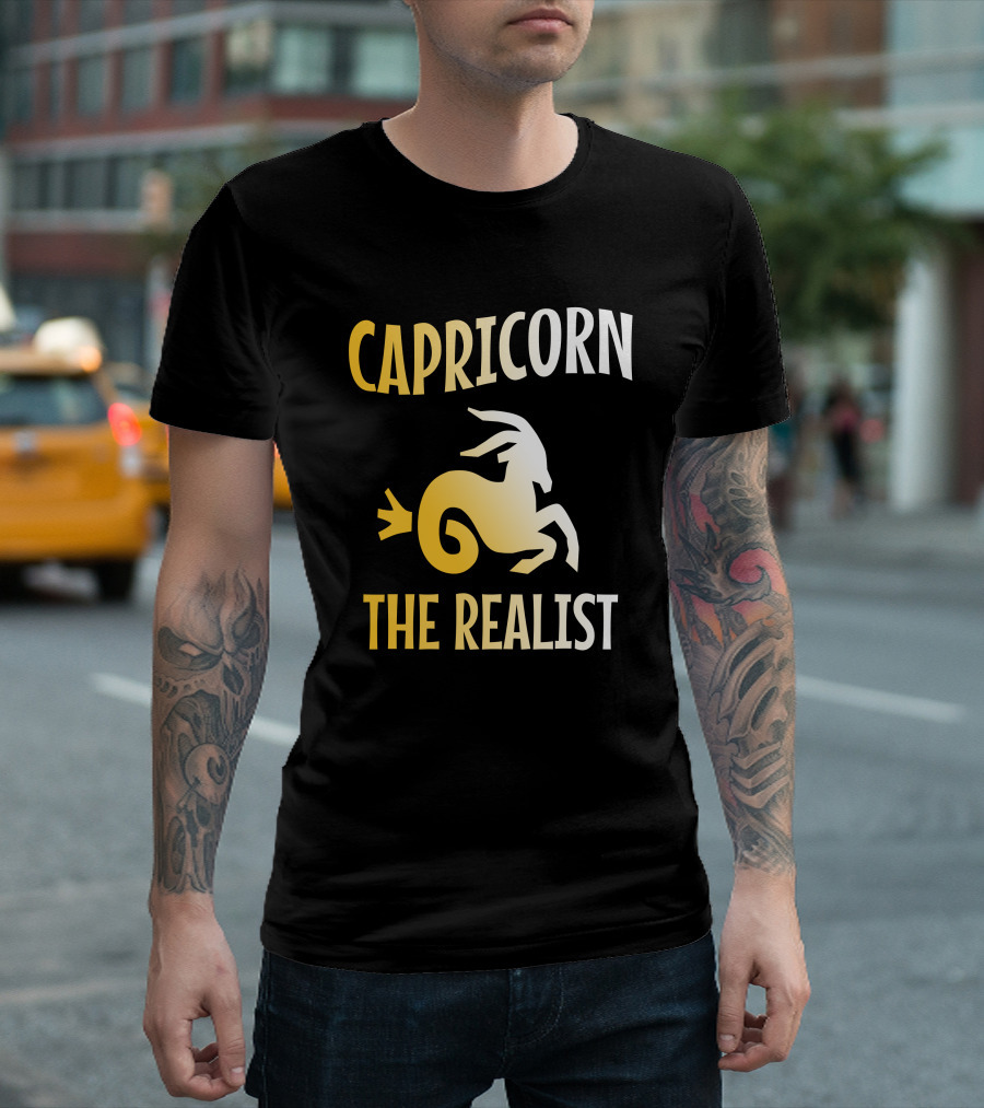 Capricorn The Realist Zodiac Sign Symbol in Yellow and White T-Shirt