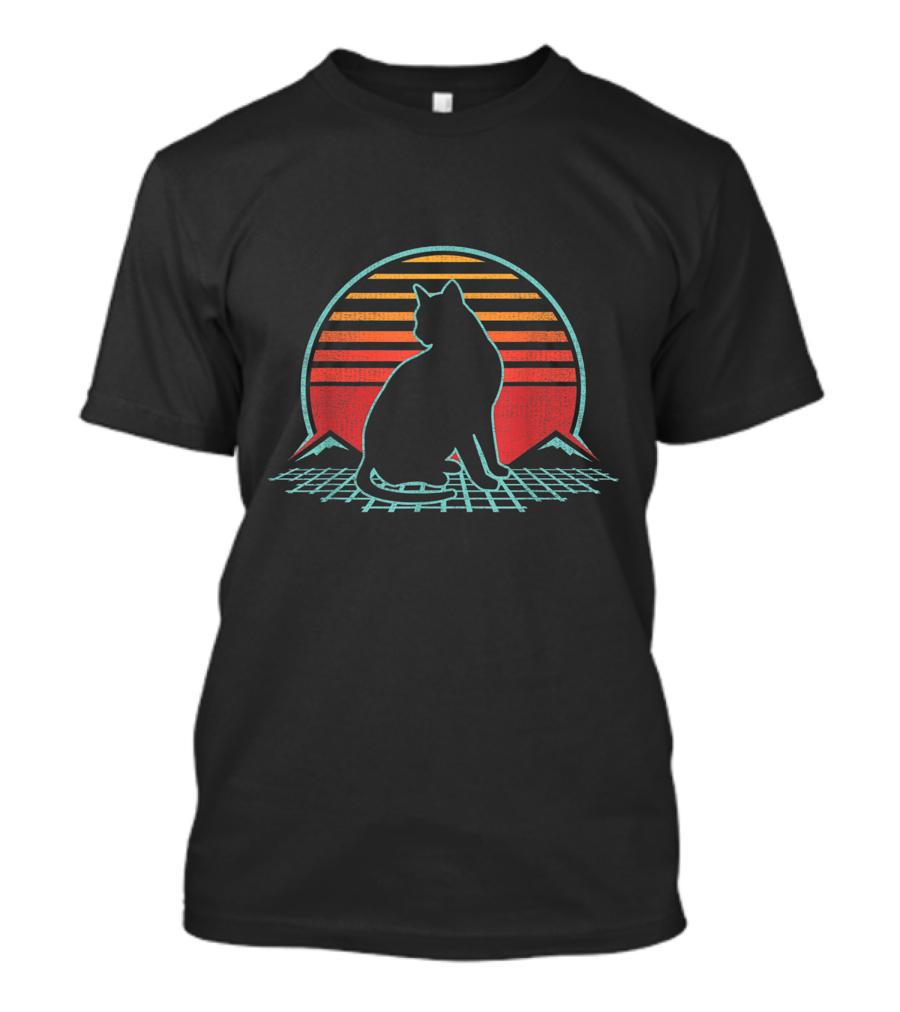 Retro 80s Cat With Sunset And Grid T-Shirt