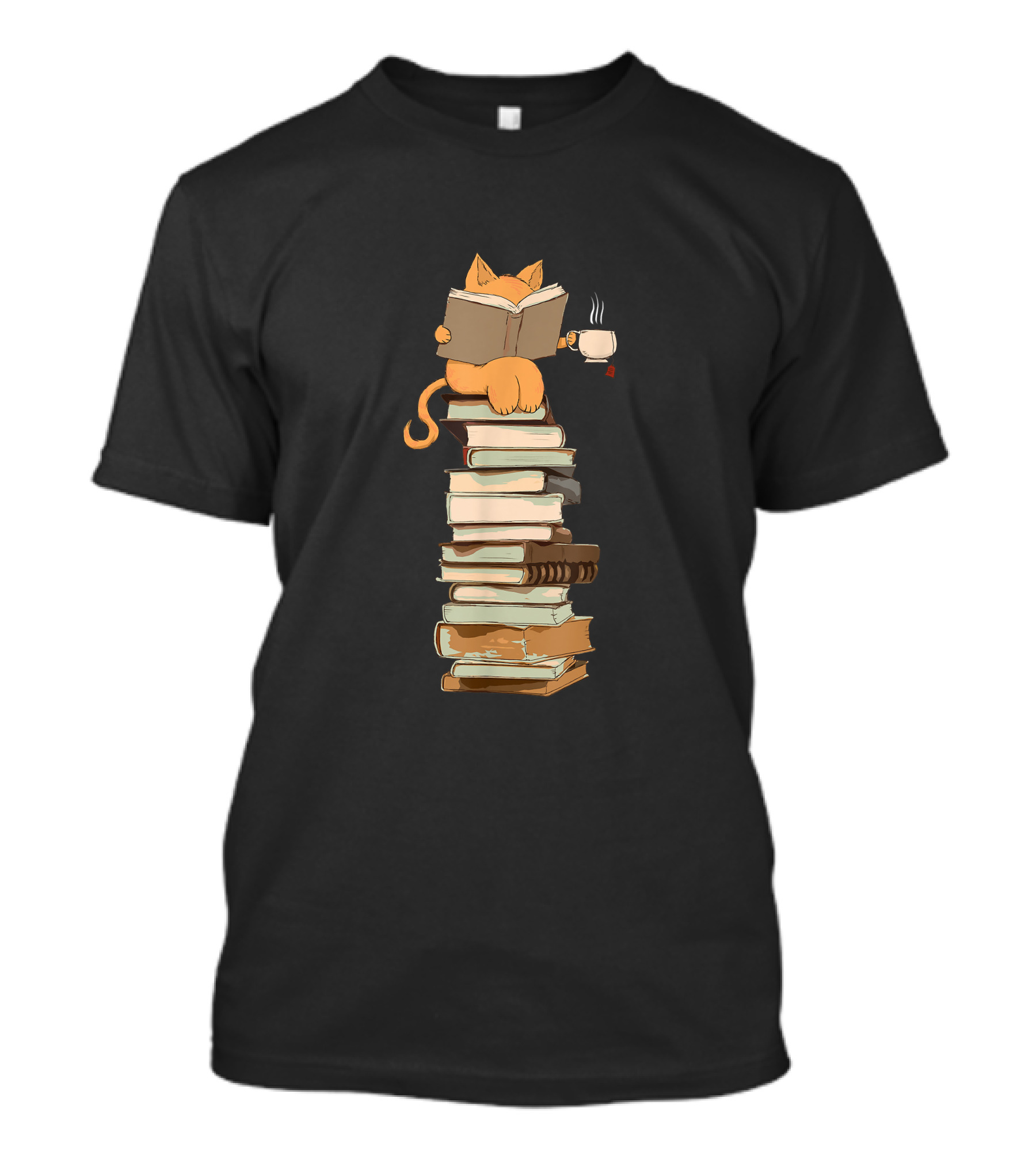 Cat On Books Stack Holding Tea Cup T-Shirt