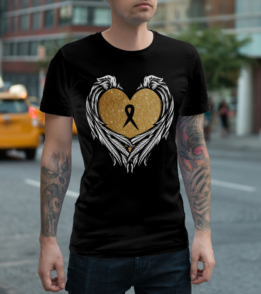 Childhood Cancer Awareness Gold Ribbon Angel Wings Heart T-Shirt