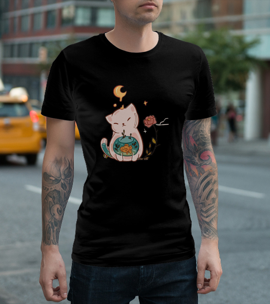 Cute Cat with Fishbowl and Night Sky Elements for Cat Lover T-Shirt