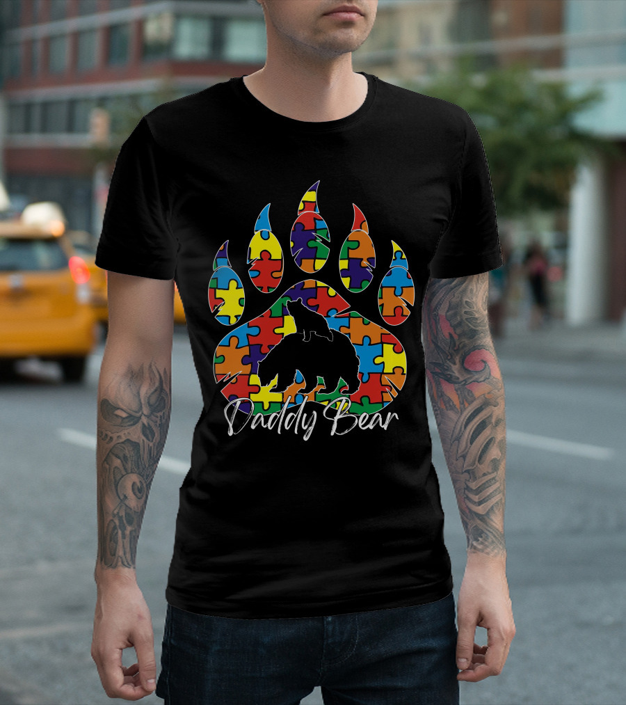 Daddy Bear Autism Awareness Puzzle Paw Prints T-Shirt