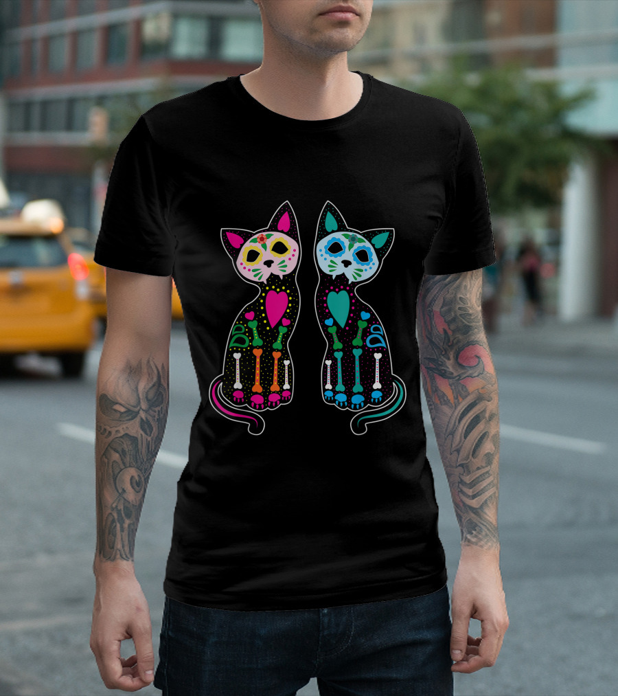 Day Of Dead Sugar Cats Skeleton Skull Colorful Hearts T-Shirt