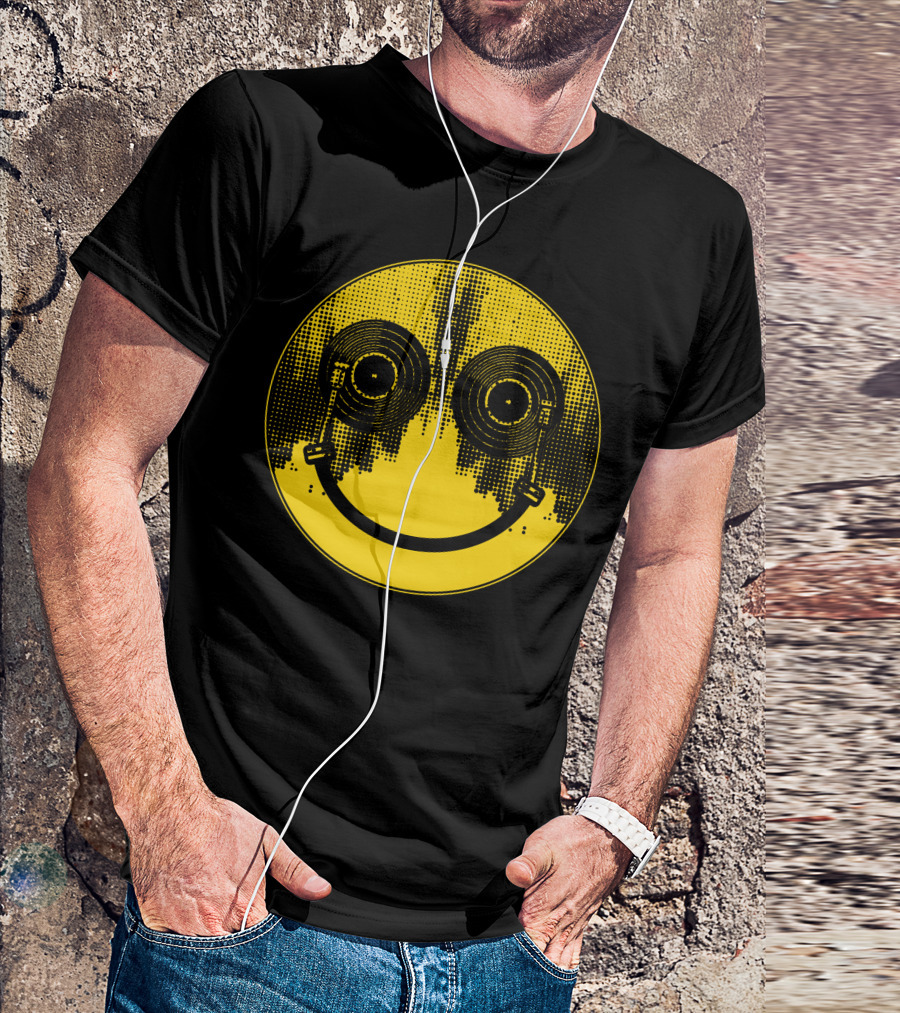 DJ Smile Life Face With Vinyl Records Eyes And Headphones Music T-Shirt