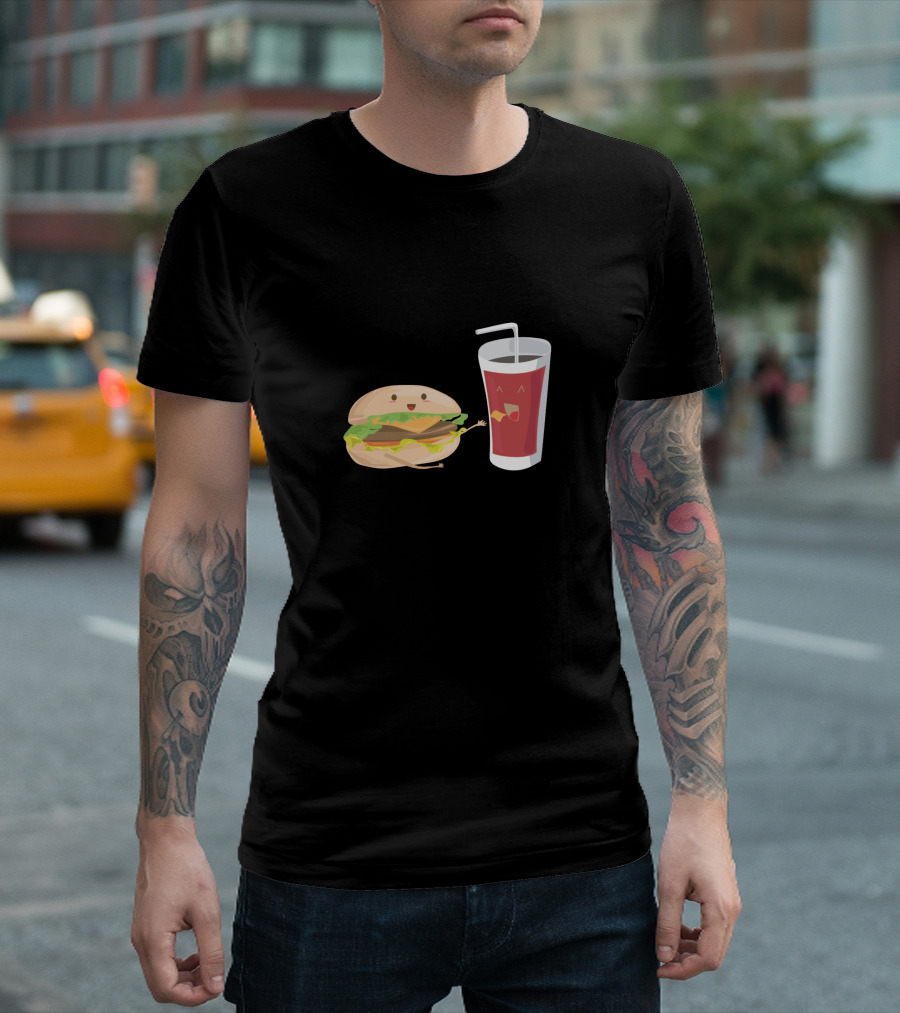 Fastfood Burger And Soda Happy Cartoon Characters T-Shirt