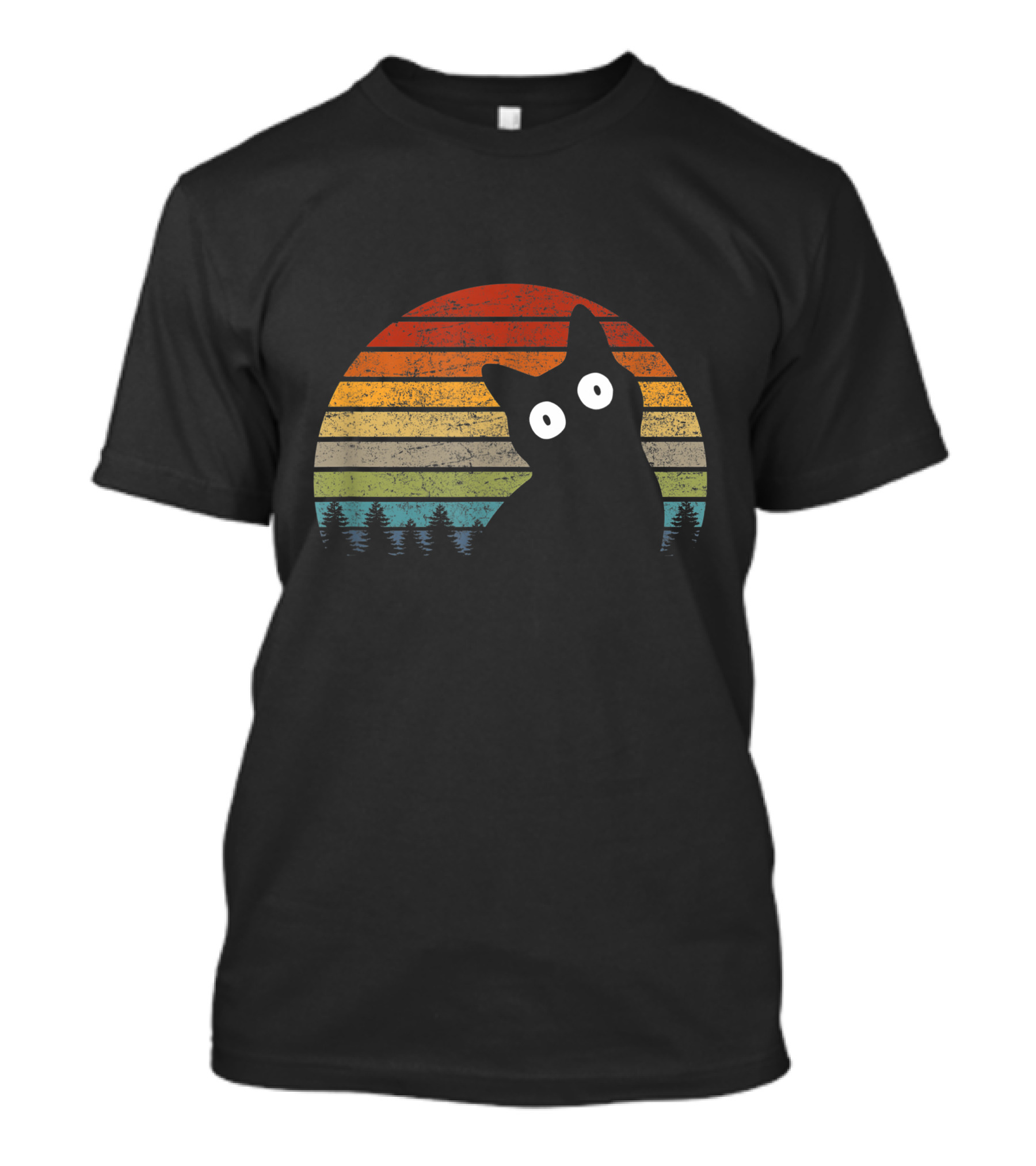 Funny Black Cat Retro Sunset Forest Scene T-Shirt