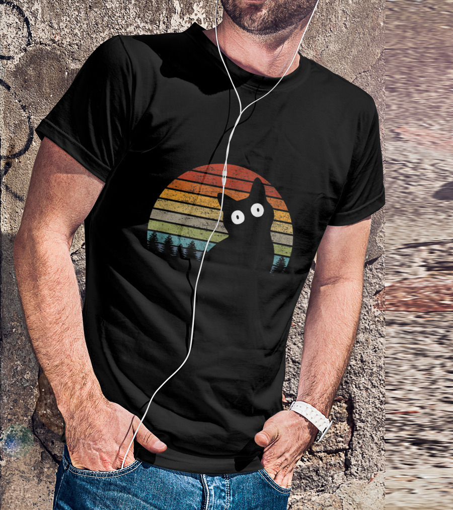 Funny Black Cat Retro Sunset Forest Scene T-Shirt