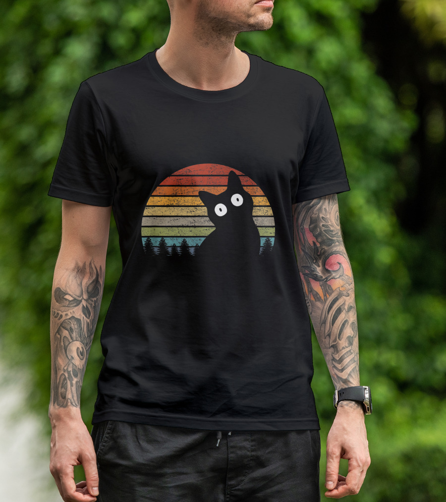 Funny Black Cat Retro Sunset Forest Scene T-Shirt