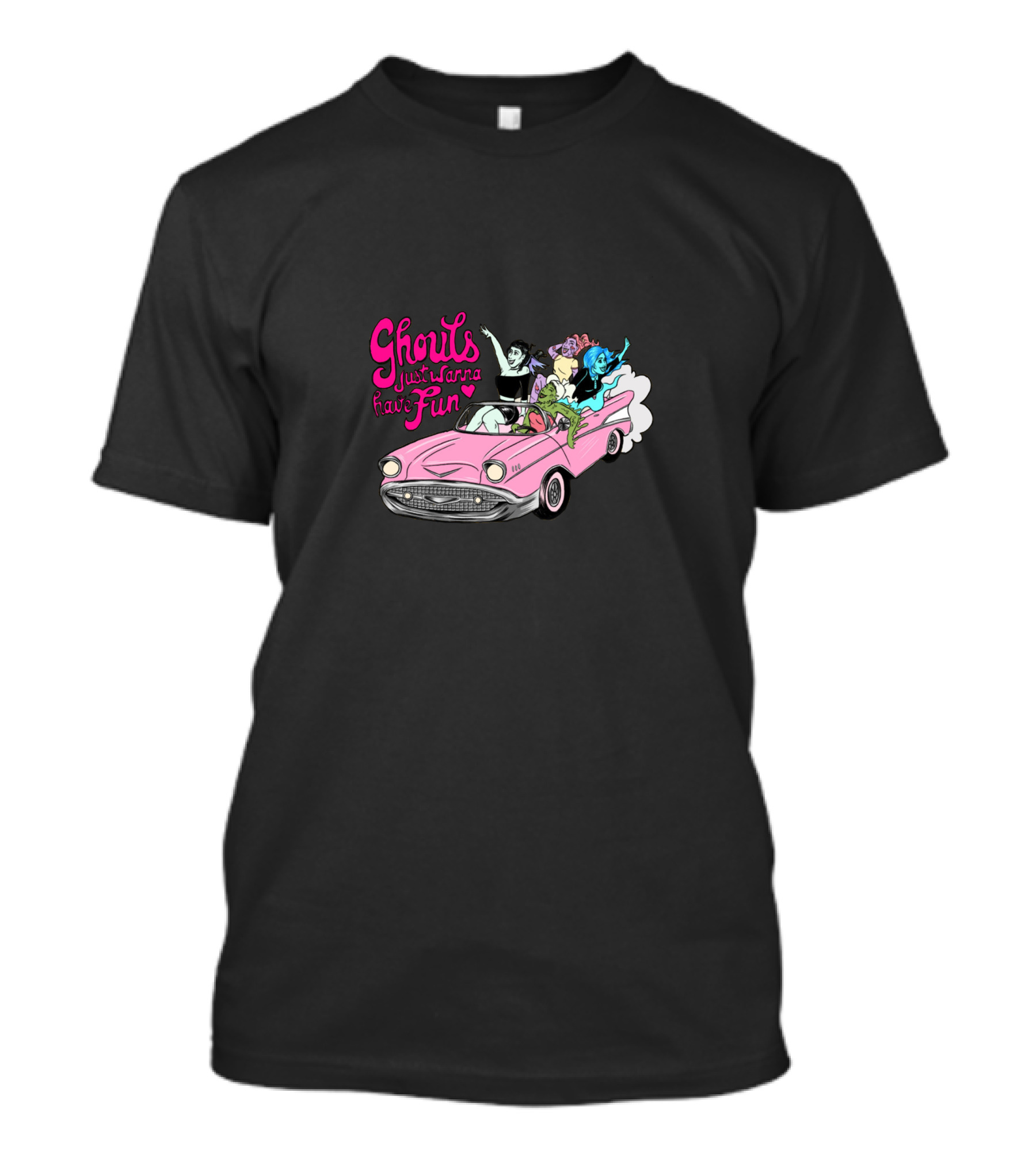 Ghouls Just Wanna Have Fun Pink Cadillac Spooky Characters T-Shirt