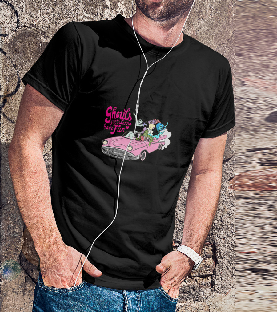 Ghouls Just Wanna Have Fun Pink Cadillac Spooky Characters T-Shirt