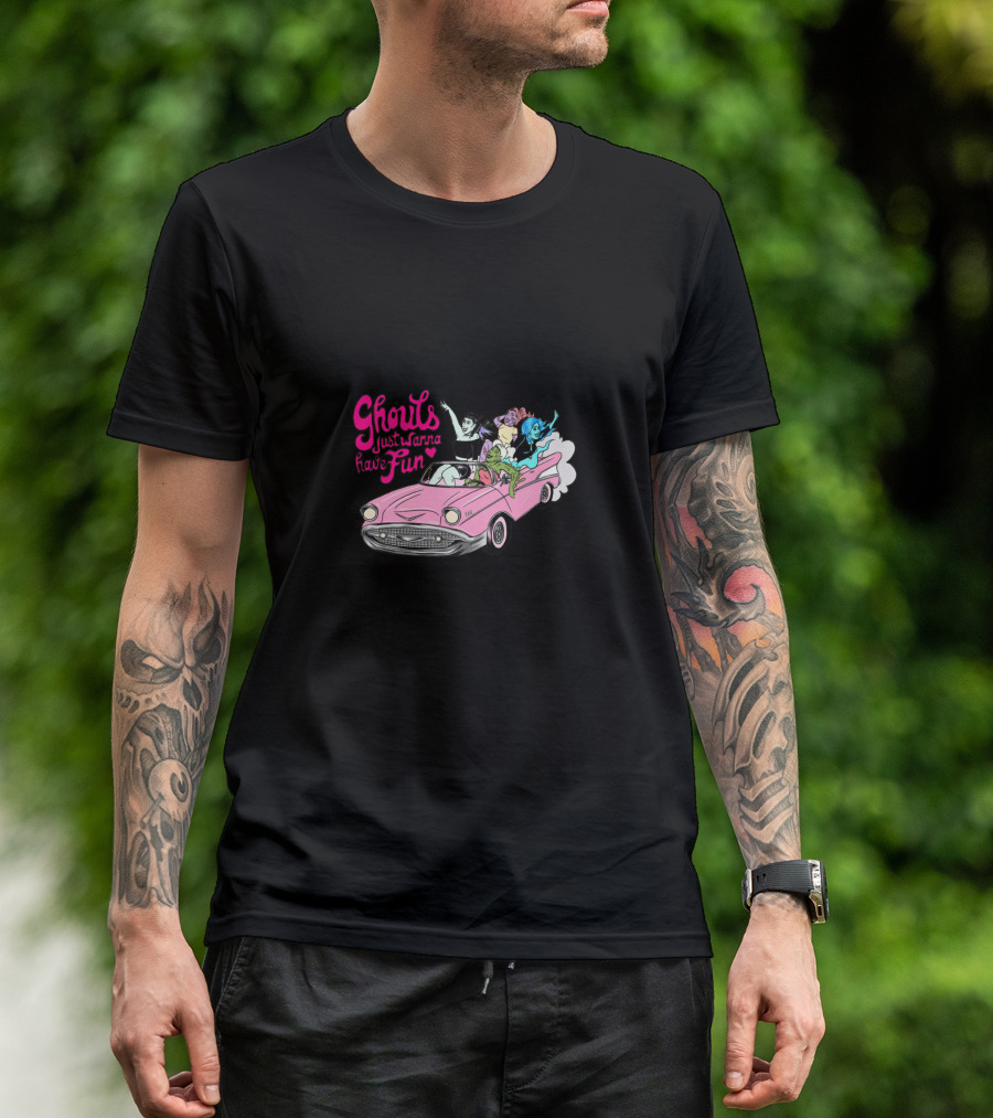 Ghouls Just Wanna Have Fun Pink Cadillac Spooky Characters T-Shirt
