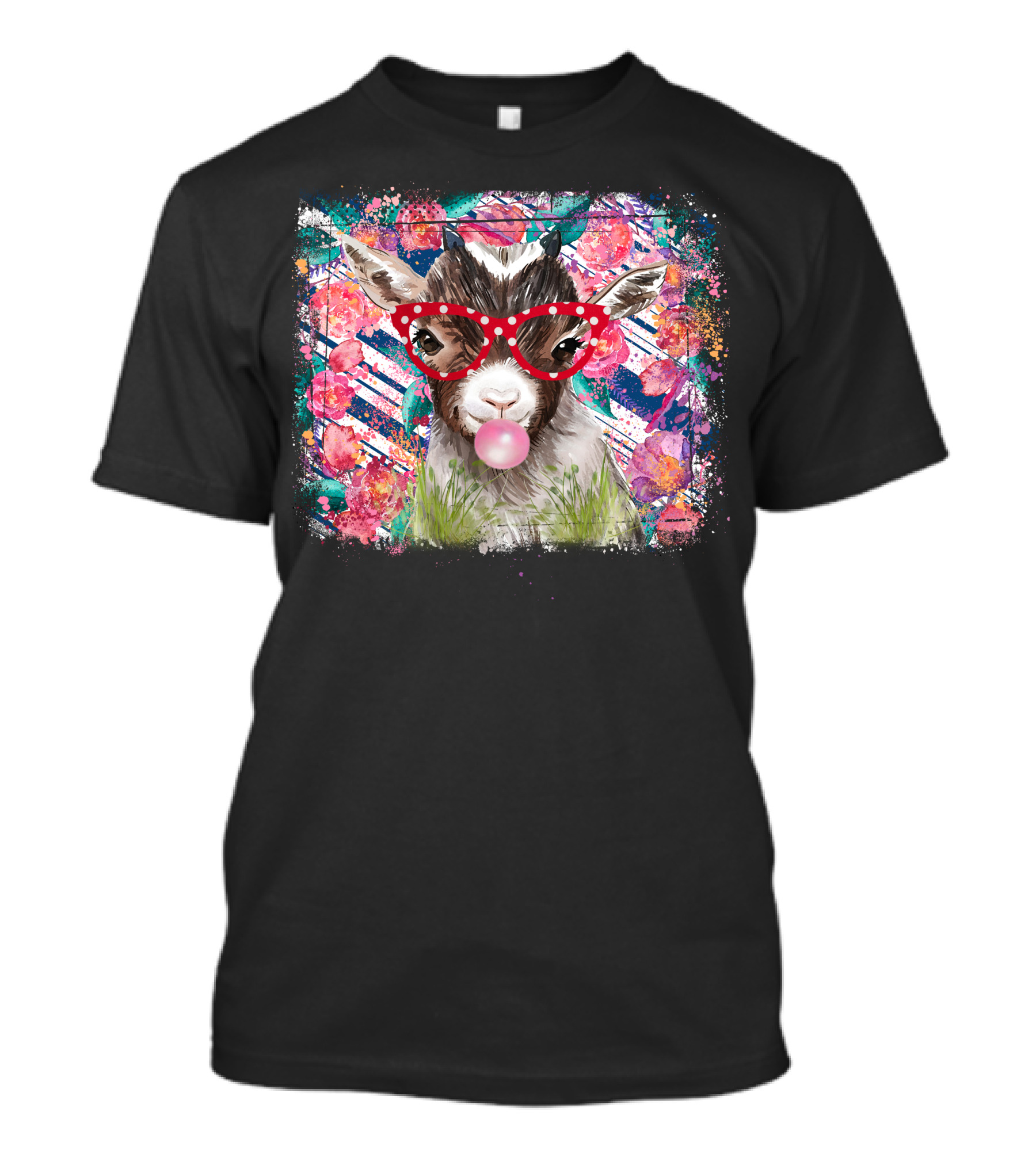 Colorful Floral Goat With Red Glasses And Bubblegum T-Shirt