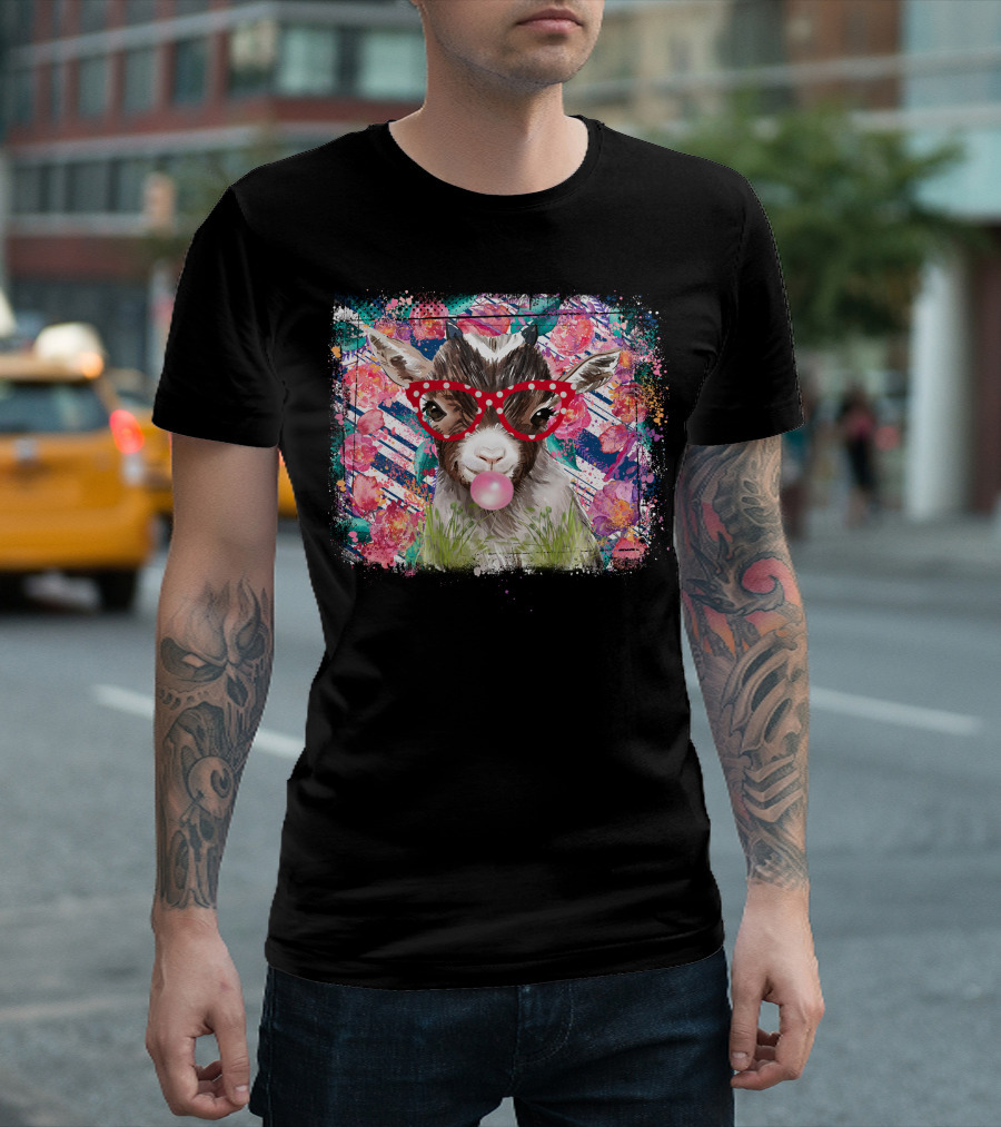 Colorful Floral Goat With Red Glasses And Bubblegum T-Shirt