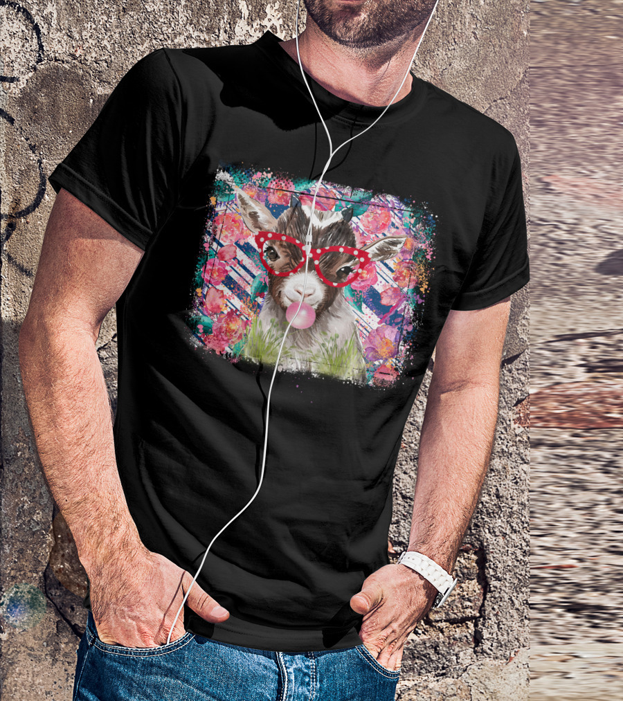 Colorful Floral Goat With Red Glasses And Bubblegum T-Shirt