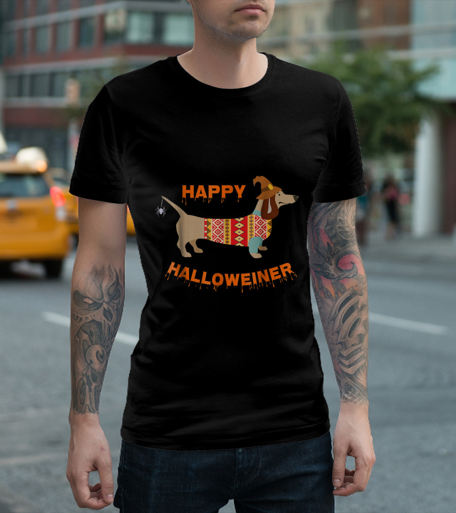Happy Halloweiner Dachshund Wearing Witch Hat and Patterned Sweater with Spider T-Shirt