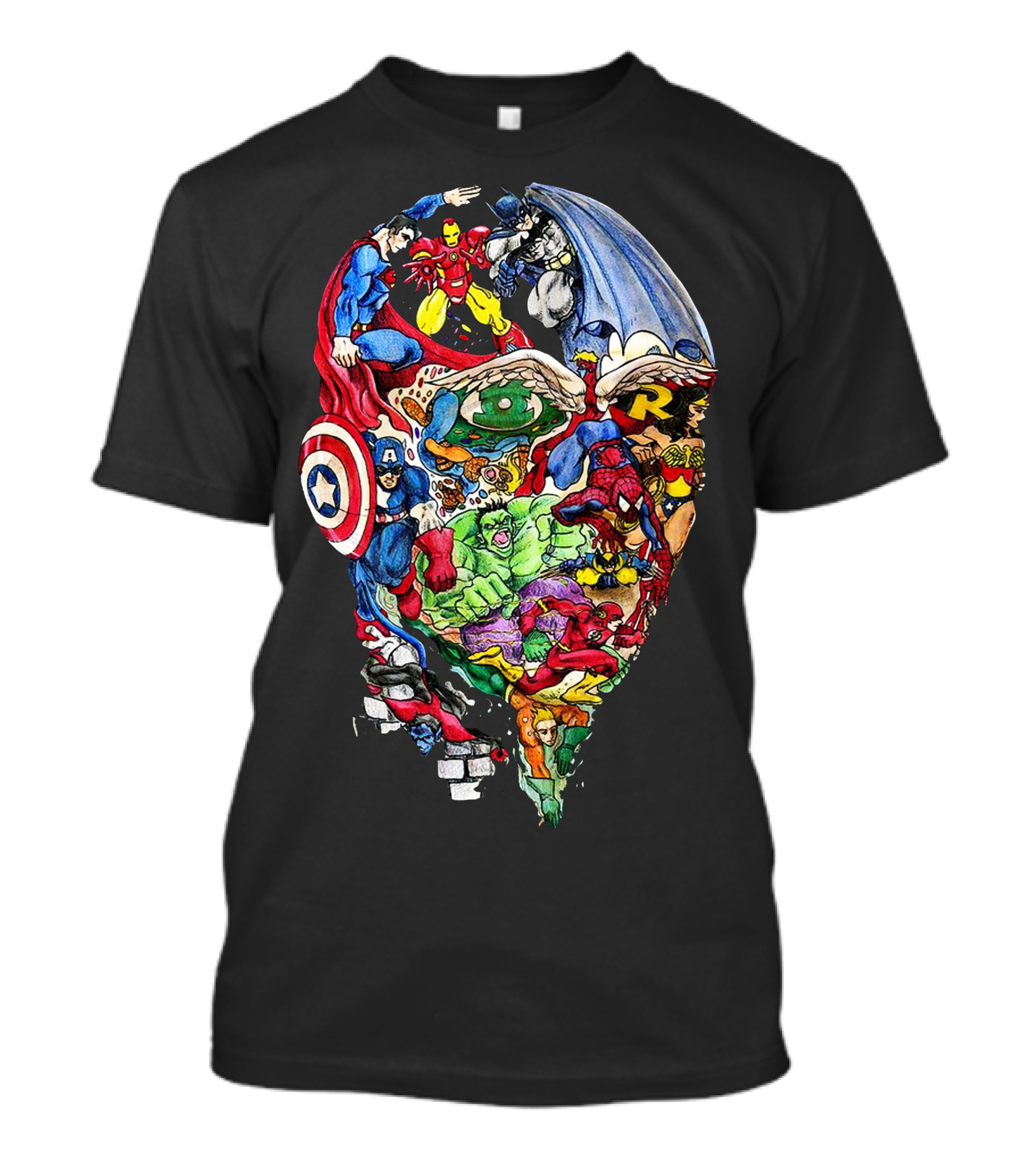 Heroic Mind Superhero Collage Featuring Iconic Marvel And DC Characters T-Shirt