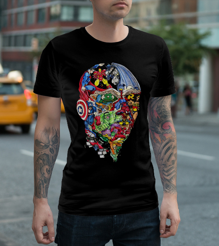 Heroic Mind Superhero Collage Featuring Iconic Marvel And DC Characters T-Shirt