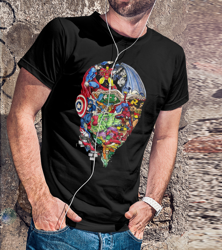 Heroic Mind Superhero Collage Featuring Iconic Marvel And DC Characters T-Shirt