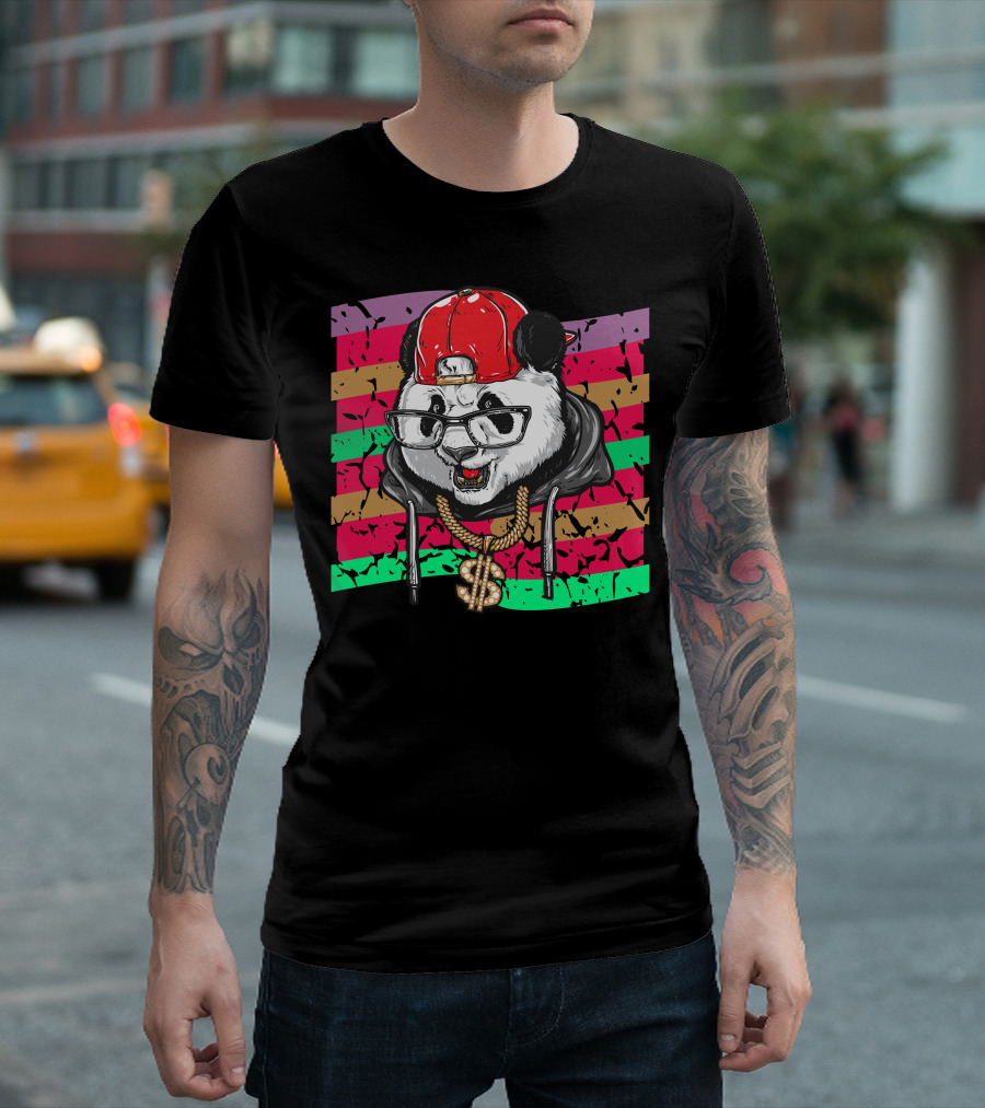 Panda with Red Cap and Bling Dollar Sign Necklace in Hiphop Music T-Shirt