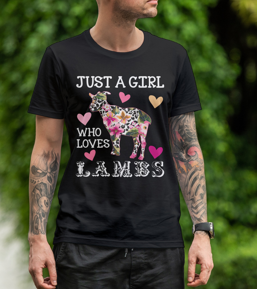 Just A Girl Who Loves Lambs Flower Pattern Hearts Dark T-Shirt