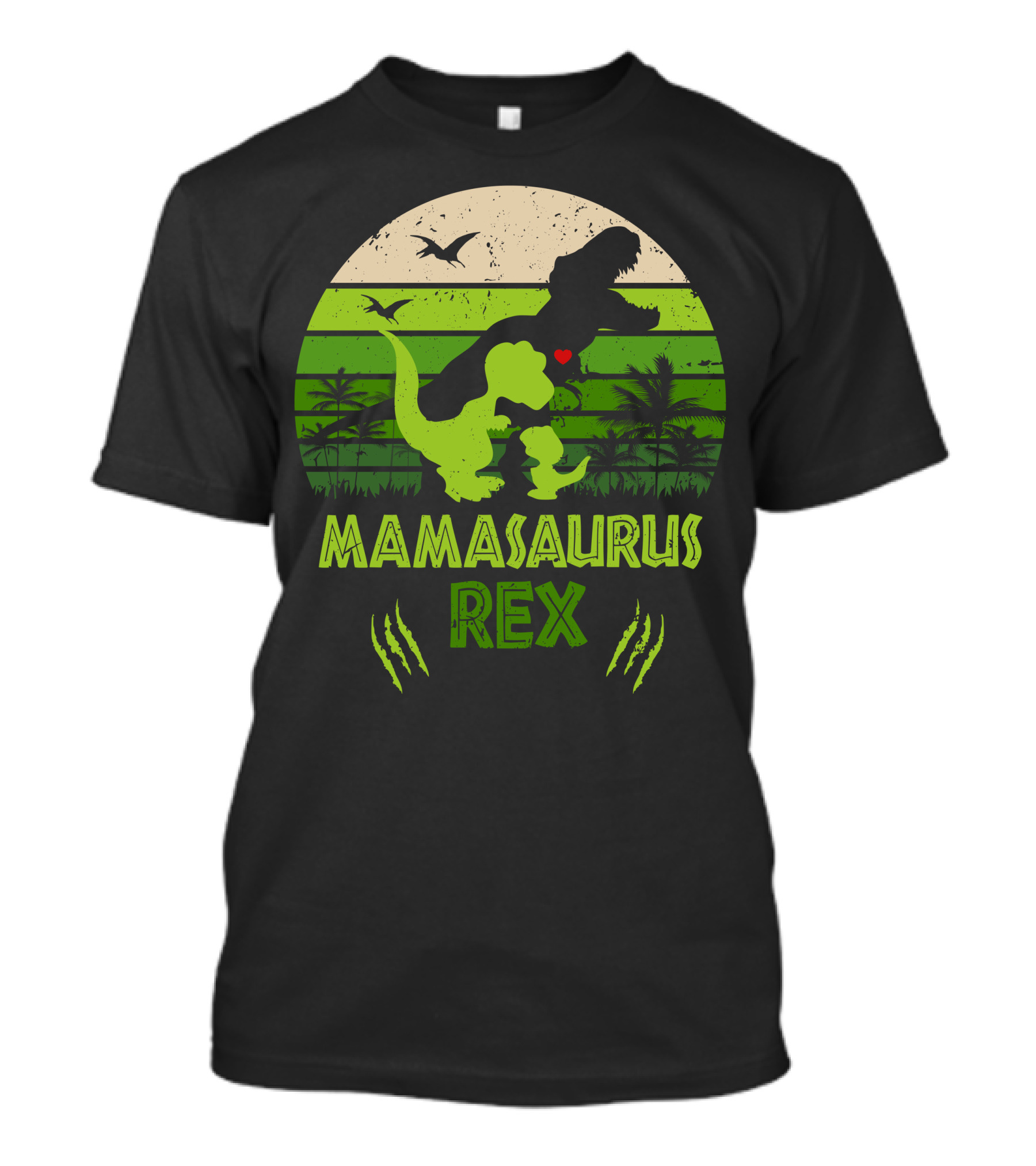 Mama Saurus Rex Dinosaur Silhouette With Heart And Palm Trees In Green Sunset Circle T-Shirt