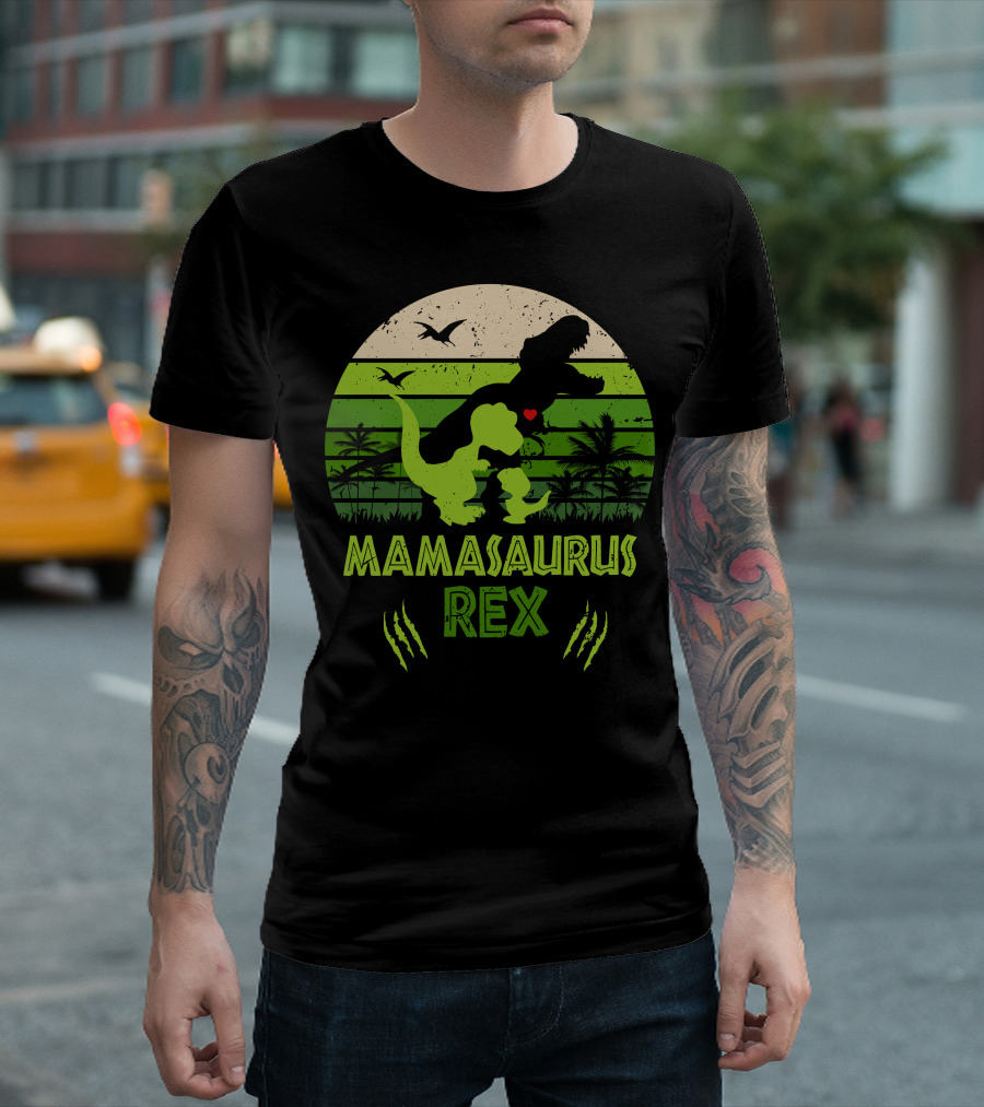 Mama Saurus Rex Dinosaur Silhouette With Heart And Palm Trees In Green Sunset Circle T-Shirt