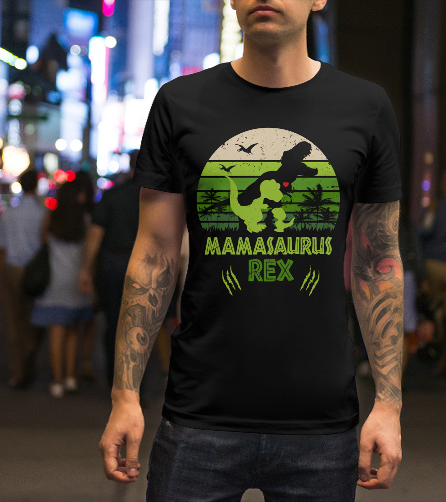 Mama Saurus Rex Dinosaur Silhouette With Heart And Palm Trees In Green Sunset Circle T-Shirt