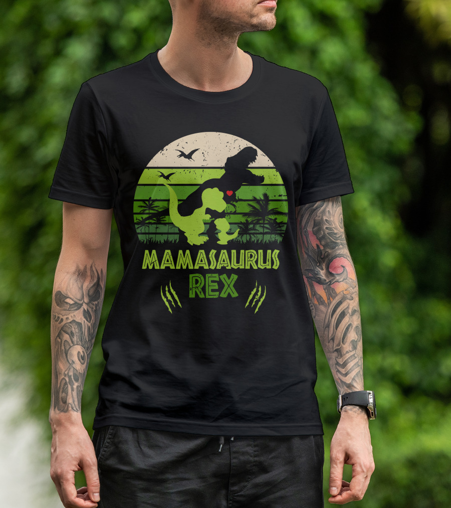 Mama Saurus Rex Dinosaur Silhouette With Heart And Palm Trees In Green Sunset Circle T-Shirt