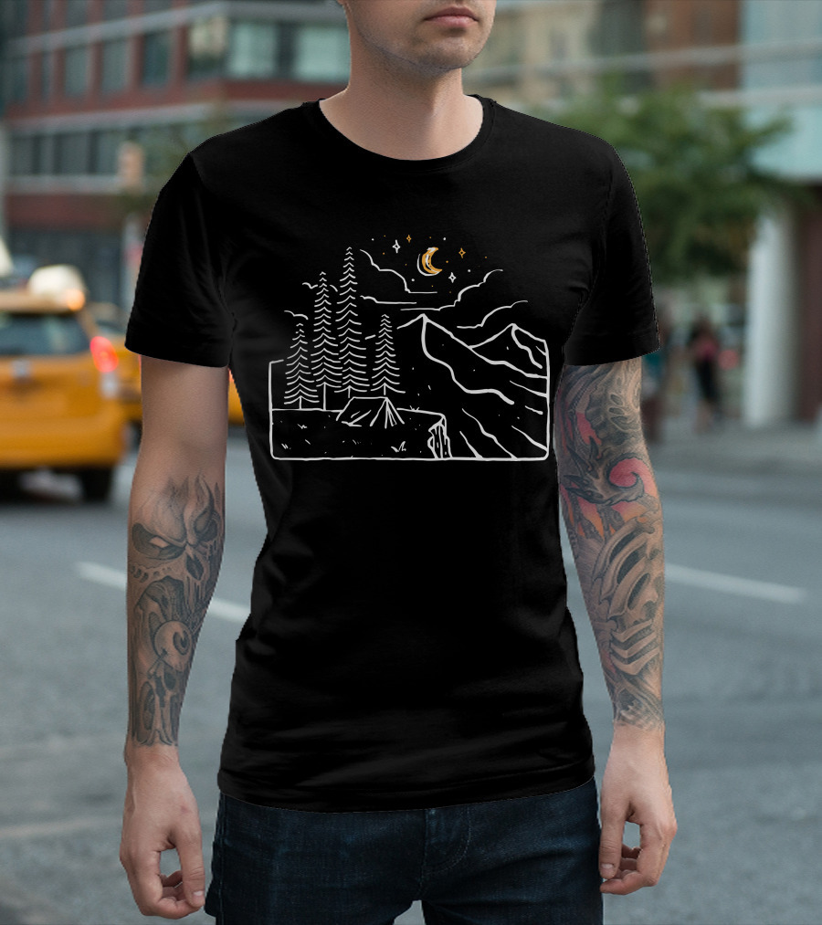 Night Cliffs Moonlit Camping Under Starry Sky T-Shirt