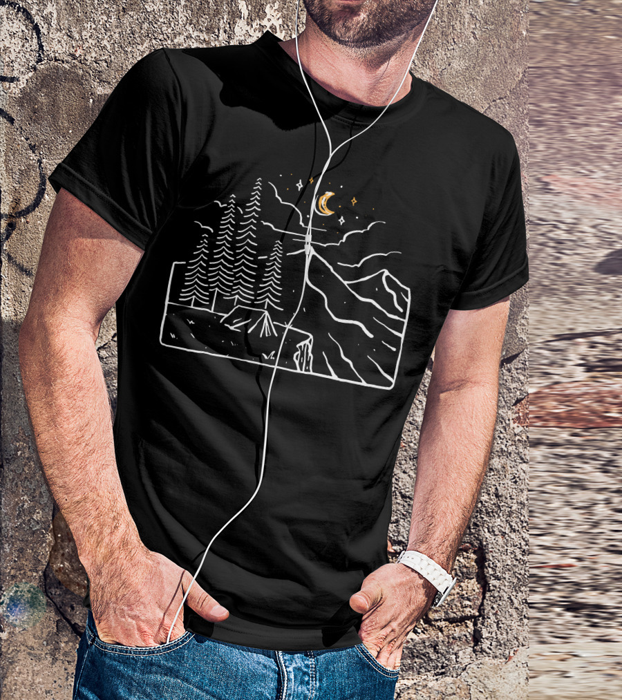 Night Cliffs Moonlit Camping Under Starry Sky T-Shirt