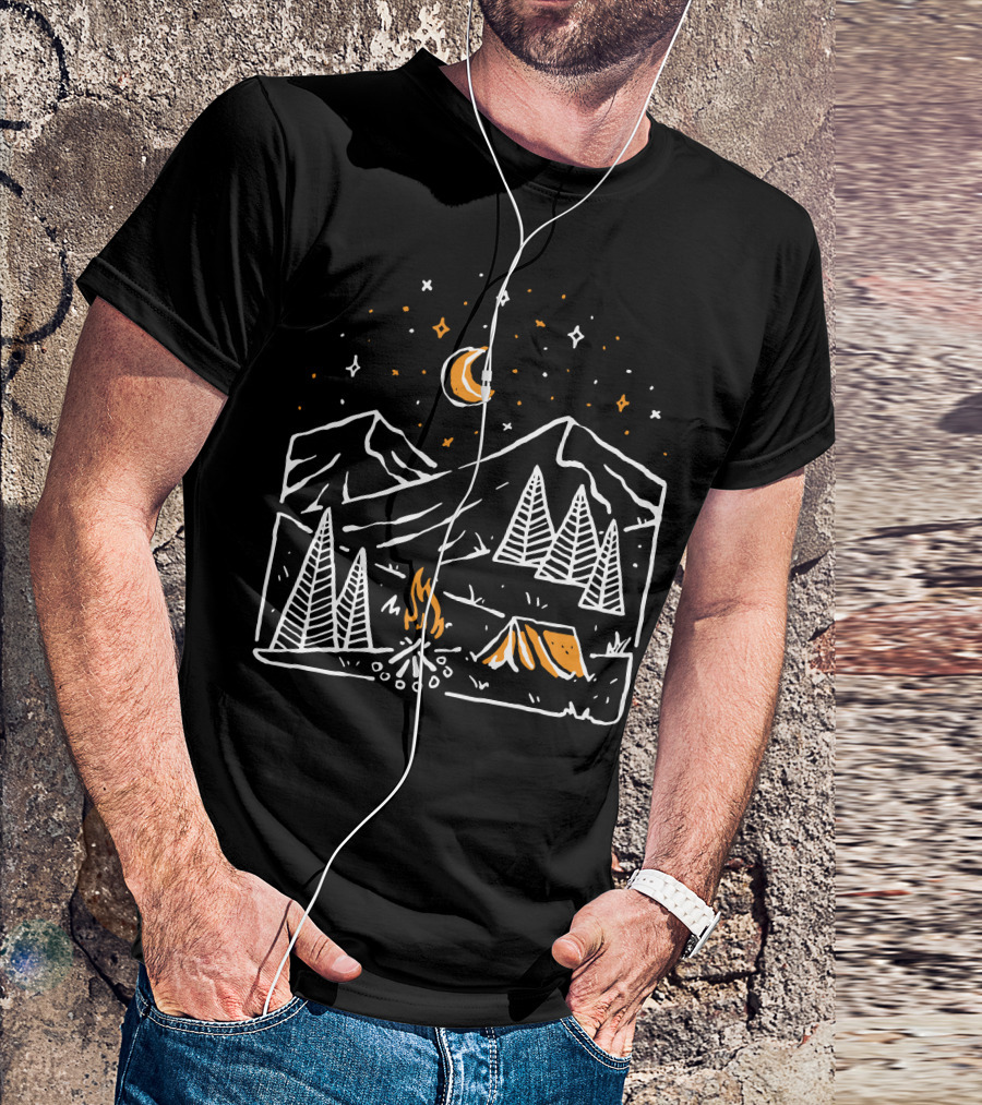 Night Relax Camping Under Stars And Moon Mountain Scene T-Shirt