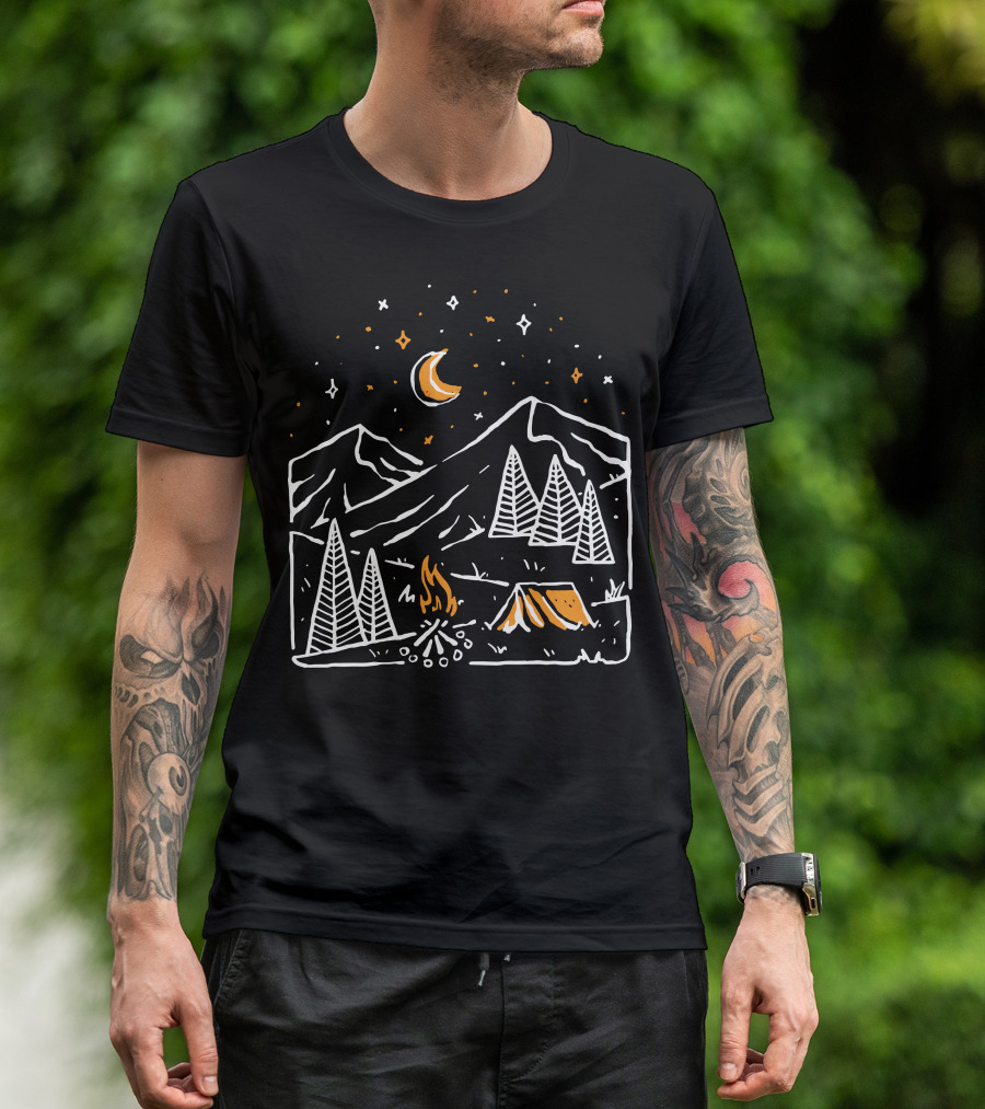 Night Relax Camping Under Stars And Moon Mountain Scene T-Shirt