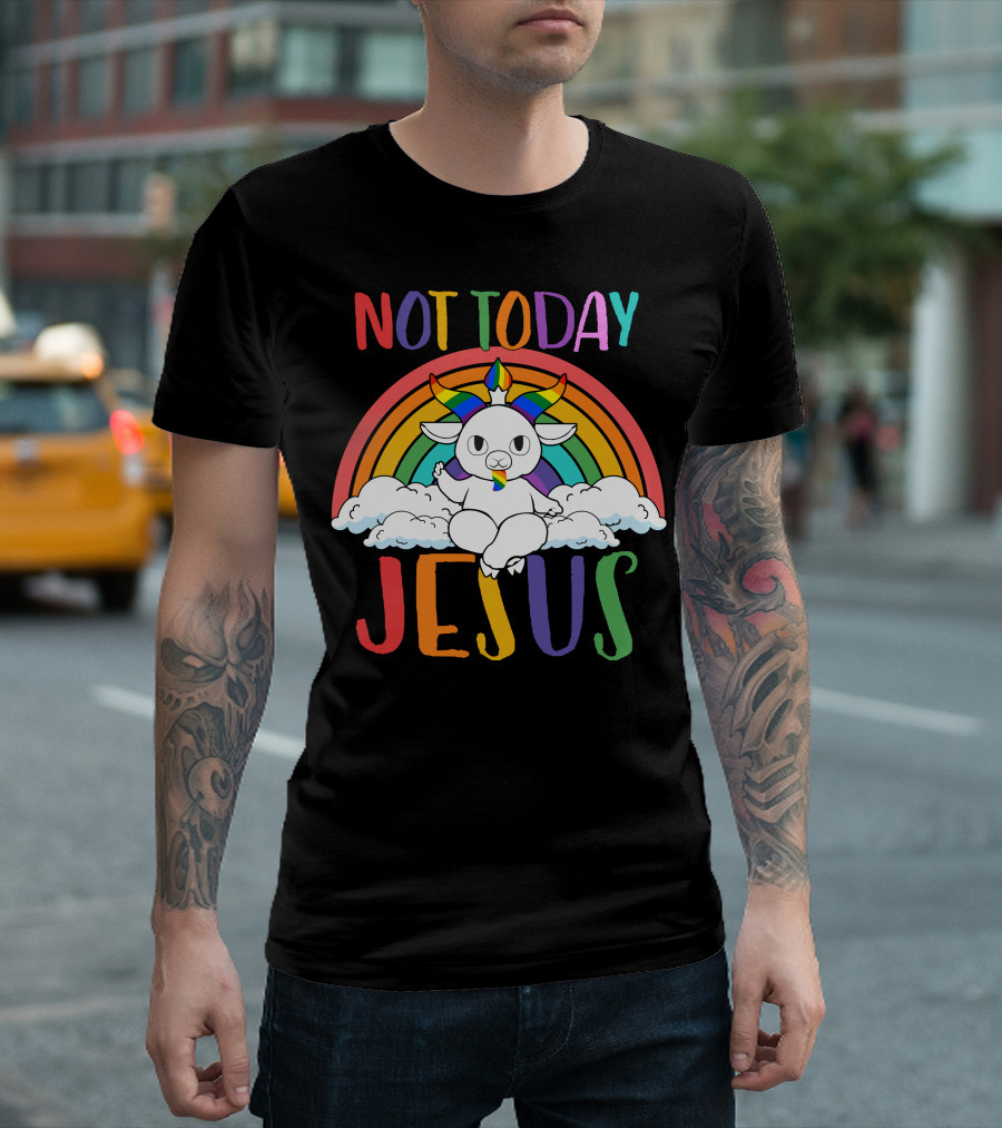 Not Today Jesus Rainbow Goat on Clouds T-Shirt