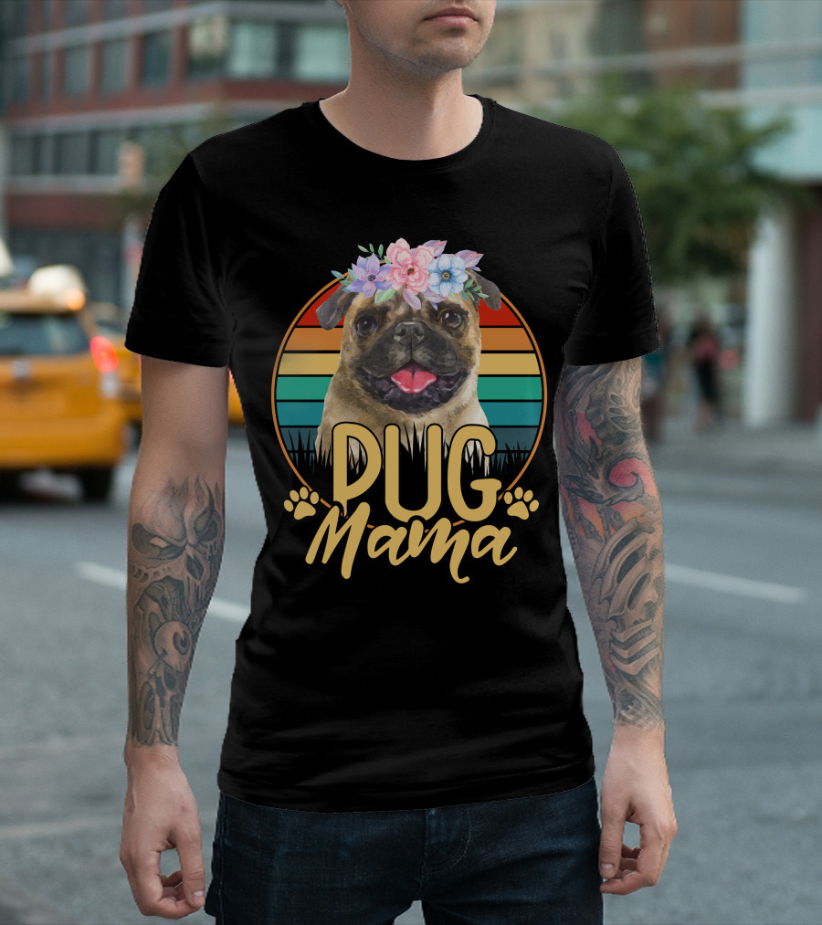 Pug Mama With Floral Crown And Retro Stripes T-Shirt
