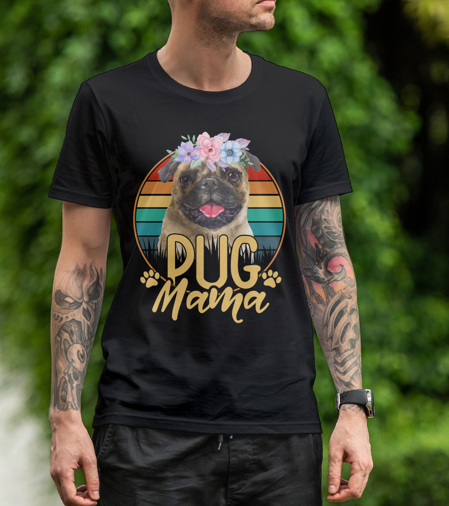 Pug Mama With Floral Crown And Retro Stripes T-Shirt
