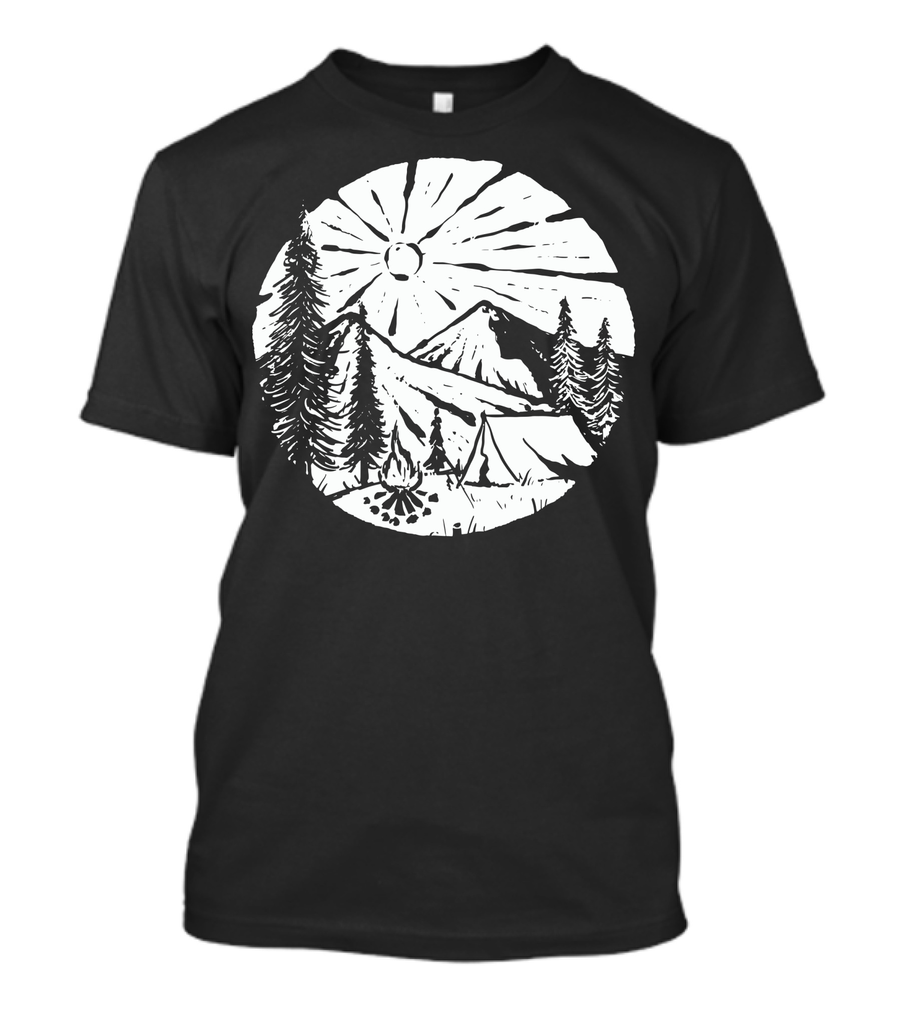 Camping By The Mountains With Pine Trees And Bonfire Under The Sun T-Shirt