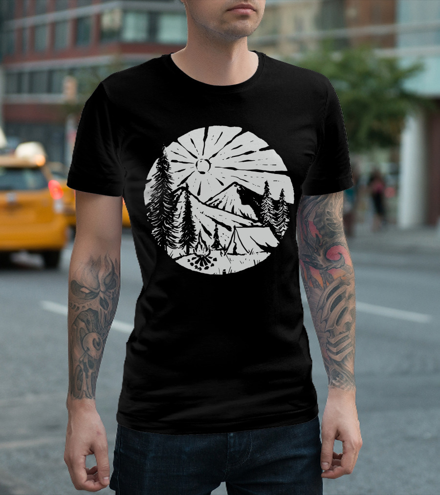Camping By The Mountains With Pine Trees And Bonfire Under The Sun T-Shirt