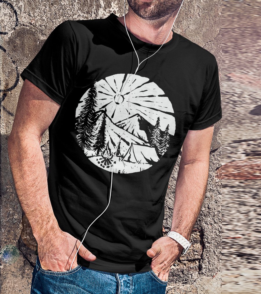 Camping By The Mountains With Pine Trees And Bonfire Under The Sun T-Shirt