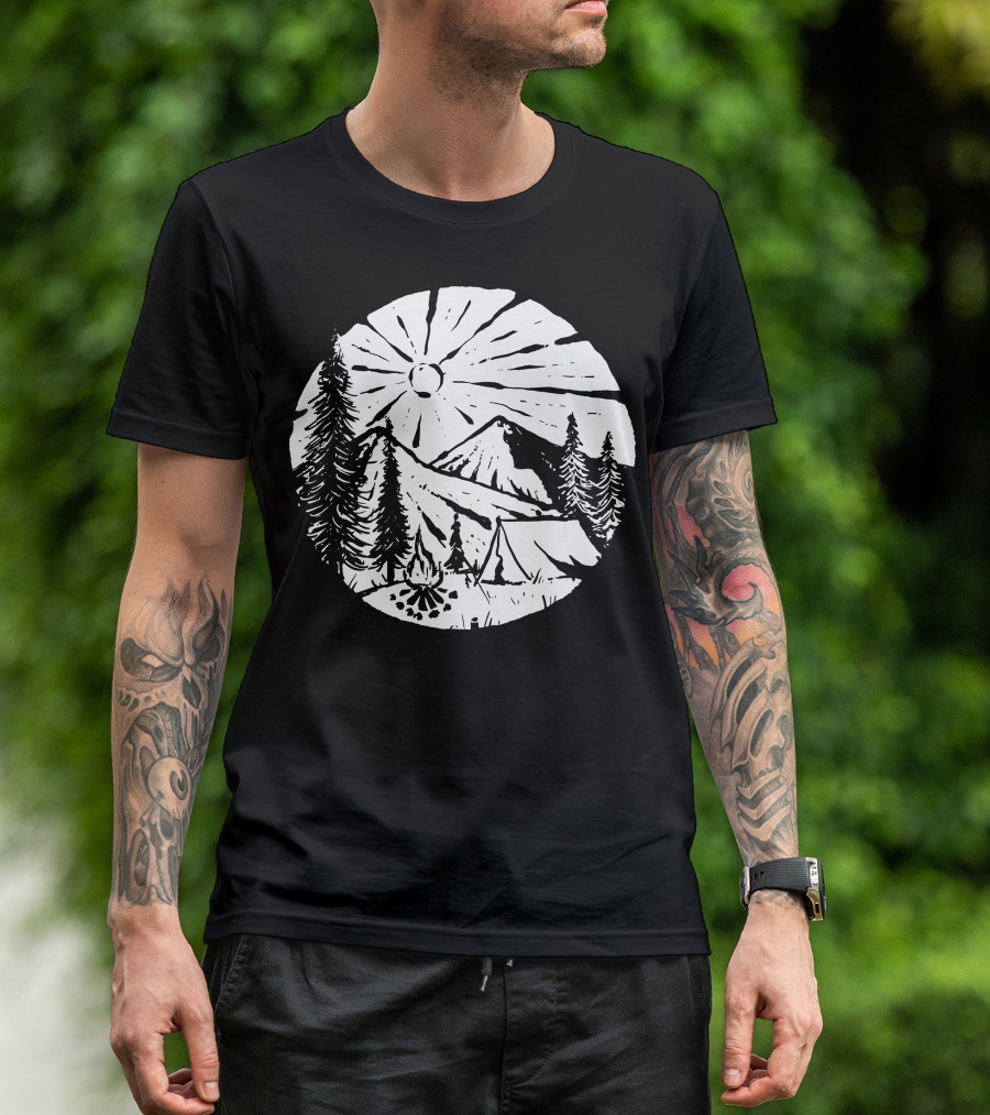 Camping By The Mountains With Pine Trees And Bonfire Under The Sun T-Shirt