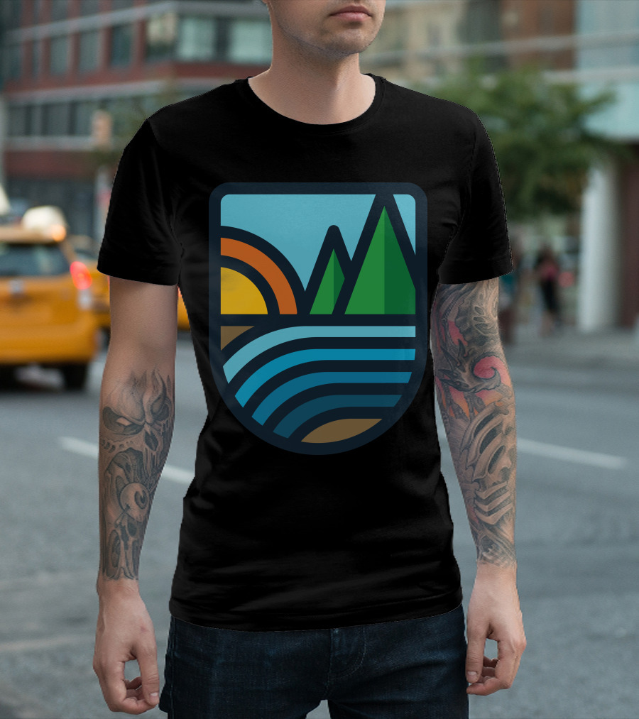 River Bold Sunset Mountain Willow River Badge T-Shirt