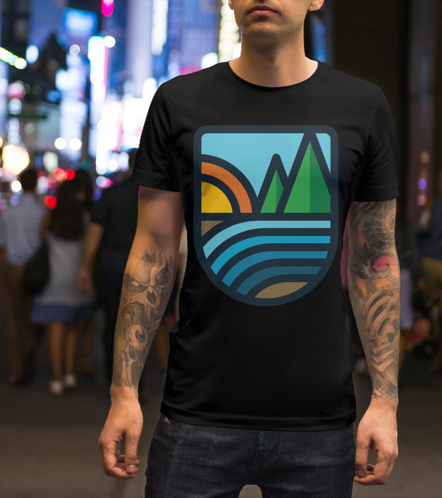 River Bold Sunset Mountain Willow River Badge T-Shirt