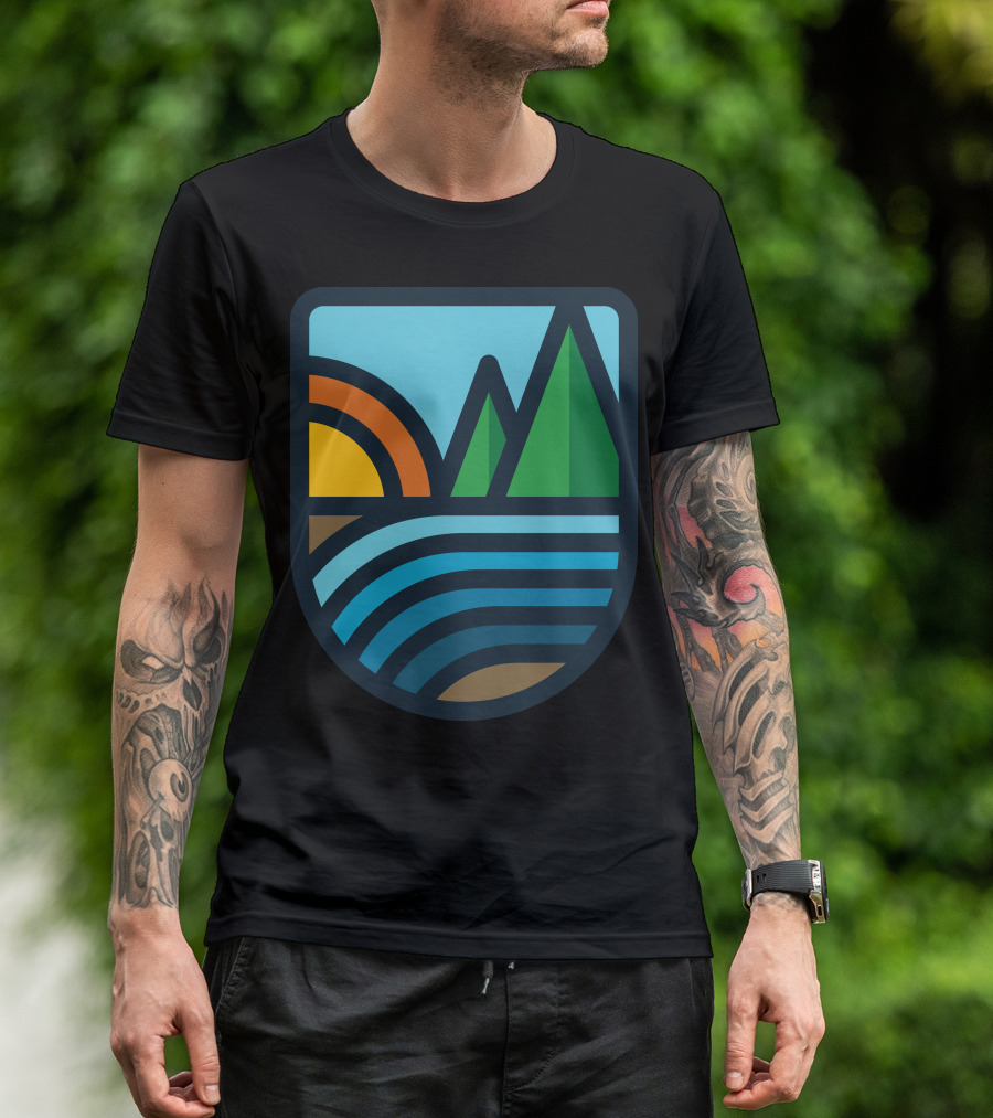 River Bold Sunset Mountain Willow River Badge T-Shirt