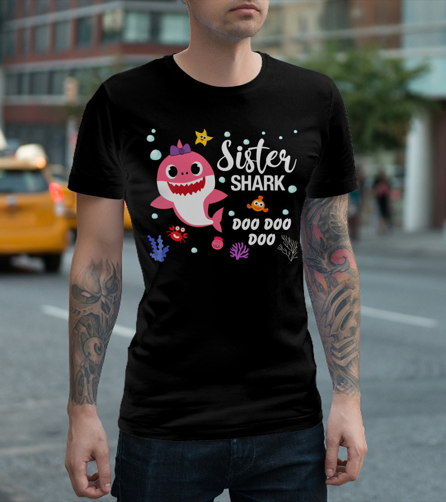 Sister Shark Doo Doo Doo Cute Pink Cartoon with Sea Creatures T-Shirt