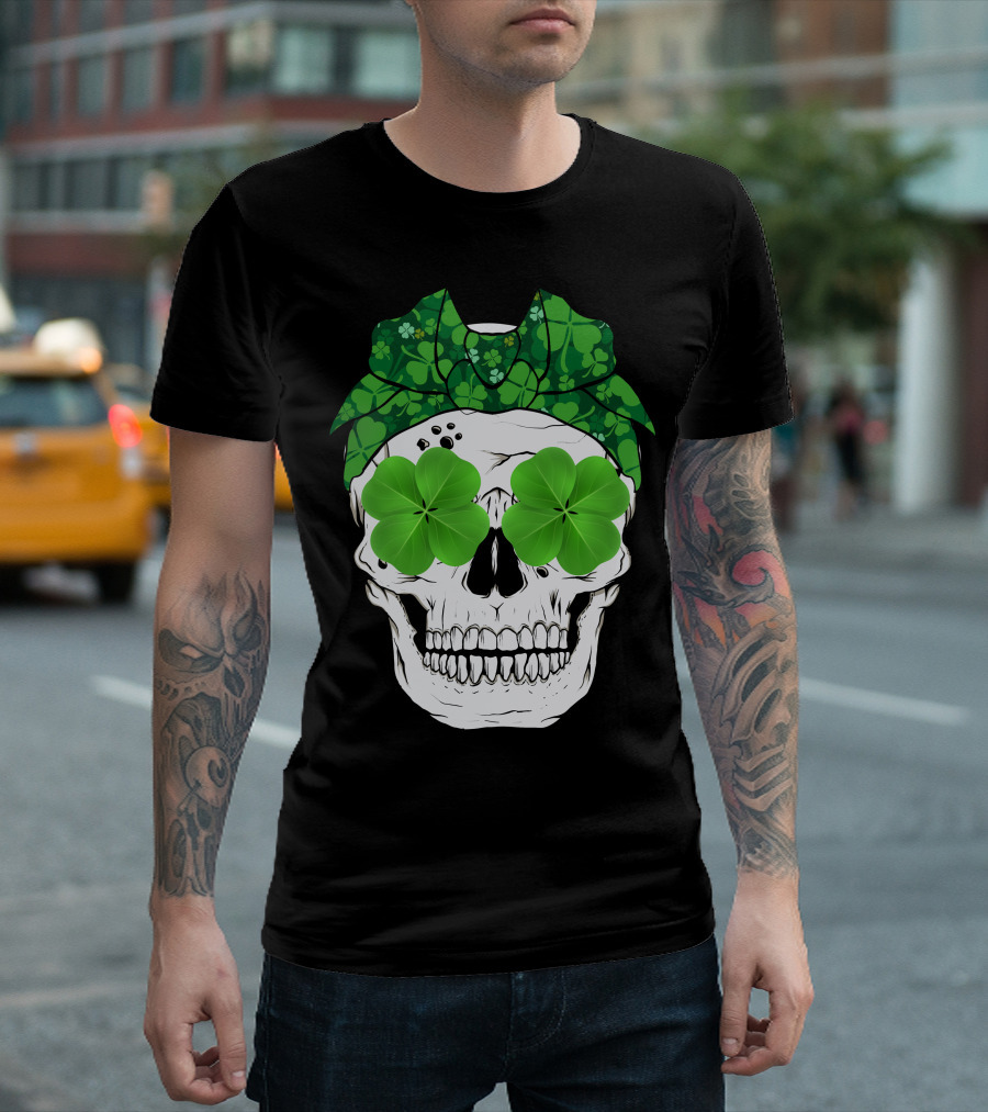 Skull Clover Shamrock Bow Tie T-Shirt