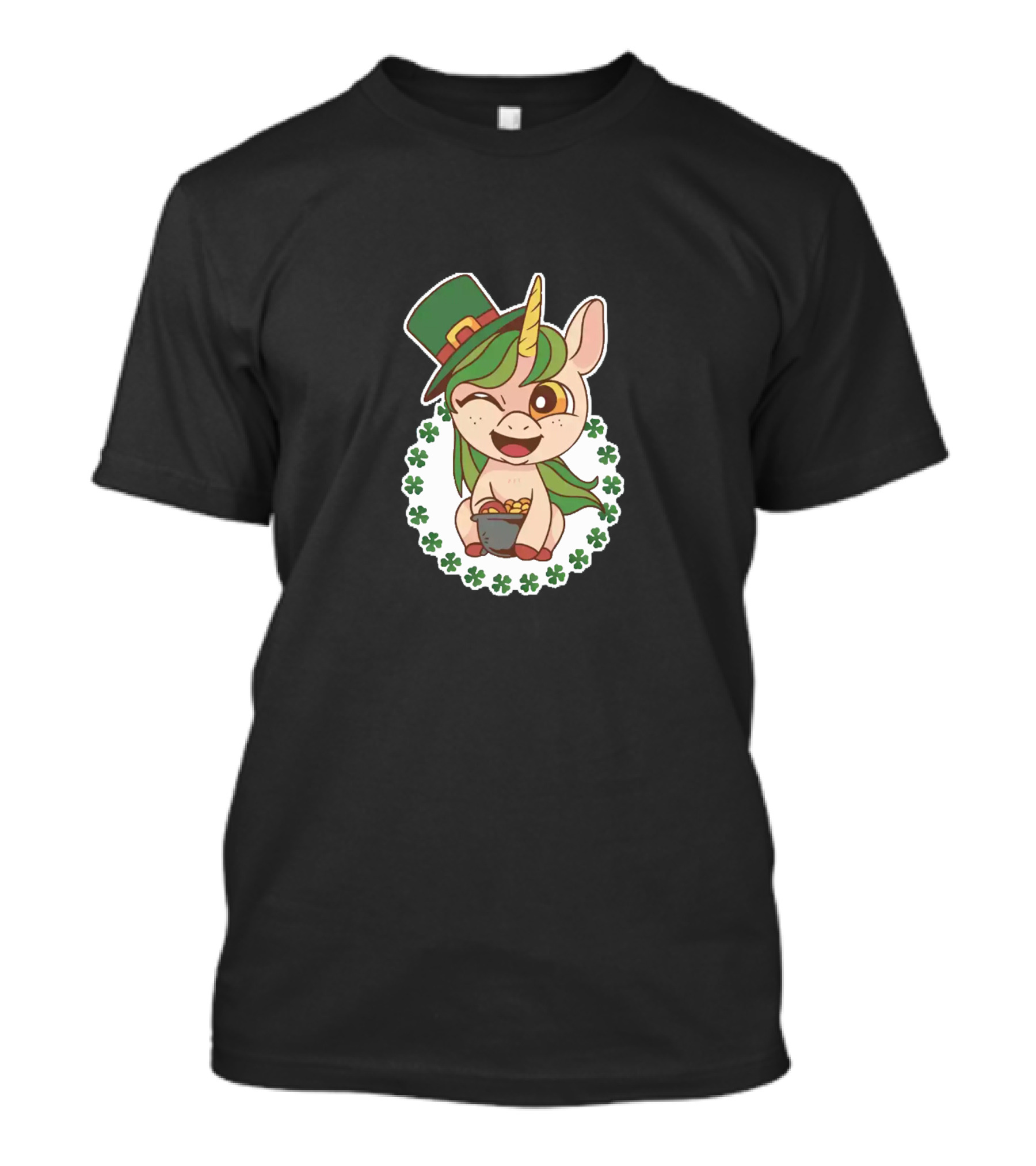St Patricks Day Unicorn With Leprechaun Hat And Shamrock Border T-Shirt
